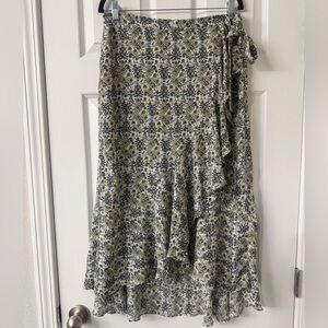 Max Studio White Green Blue Floral Faux Wrap High-Low Side Ruffle Skirt Sz L